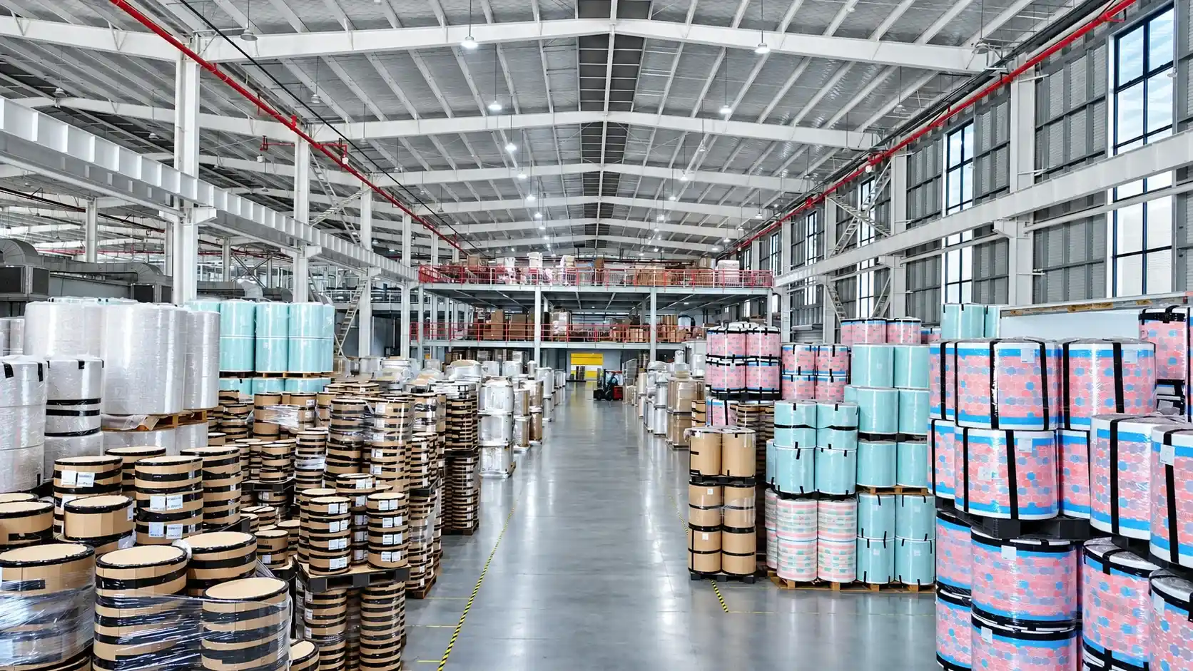 Finished goods warehouse holding printed hygiene film rolls ready for export