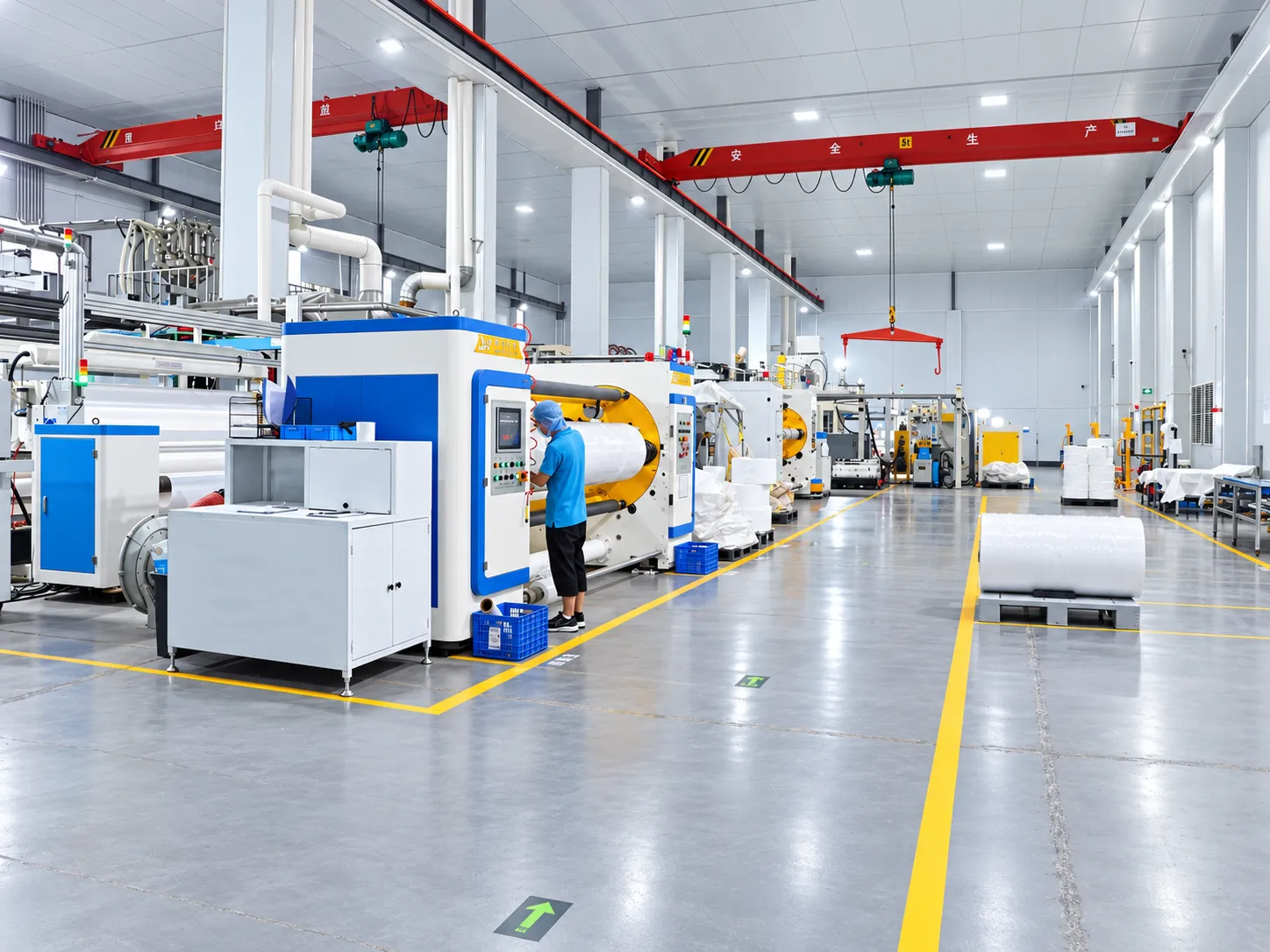 Breathable film extrusion hall with multiple production lines at Xinqi Hygiene