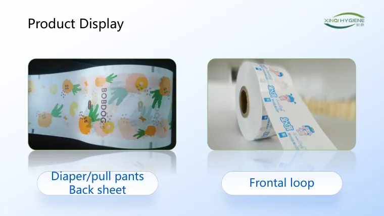 Product display page of the Xinqi Hygiene catalog showing diaper and pull-up backsheet applications